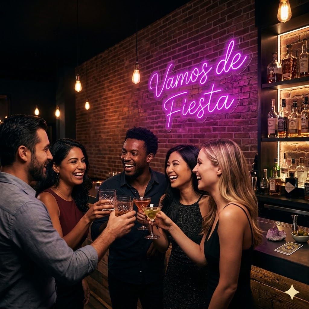 Letrero Neón de Vamos de Fiesta, Luz neón LED, Rosa, Decoración de Pared con base metacrilato transparente, cadena, cable de 1.5 m y alimentación 12 v medidas 60x45 cm