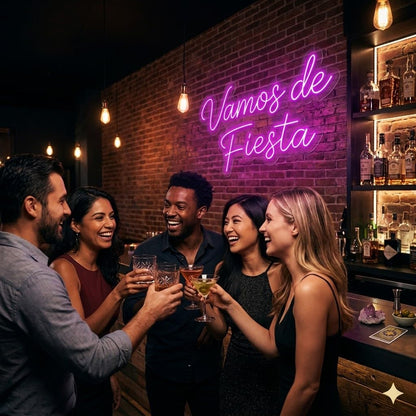 Letrero Neón de Vamos de Fiesta, Luz neón LED, Rosa, Decoración de Pared con base metacrilato transparente, cadena, cable de 1.5 m y alimentación 12 v medidas 60x45 cm