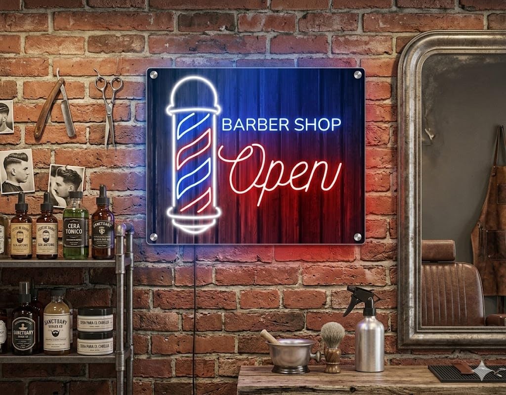 Barbershop - Letrero de neón abierto con tijeras, letrero LED 12 v montaje en pared, estilo retro, 40 x 35 x50cm
