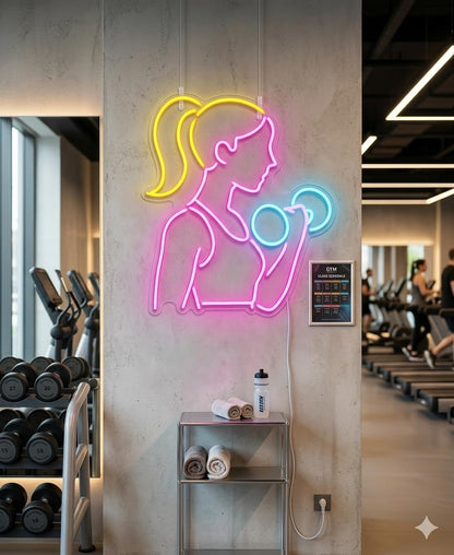 soloLED Letrero GYM MUJER WOMAN PESAS Cartel Luminoso LED Escaparate, Decoración de Pared en Metacrilato, Luz Brillante, aproximadamente 60cm alimentación 12v