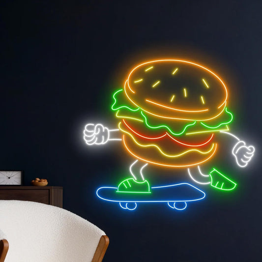 Letrero de hamburguesa de neón, luz LED de hamburguesa, decoración de pared para jugadores de monopatín, perfecto para tiendas de hamburguesas Tamaño del artículo: 60 x 40 cm alimemtacion 12v