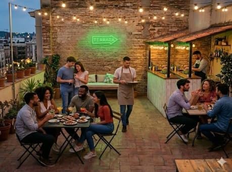 Letrero Neón de Flecha TERRAZA, Luz neón LED, Verde, Decoración de Pared con base metacrilato transparente, cadena, cable de 1.5 m y alimentación 12 v medidas 70x35 cm