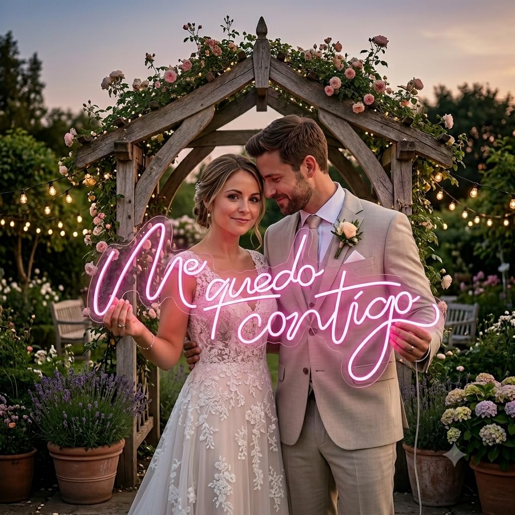 Letrero Neón Me Quedo Contigo, Rosa, Decoración de Boda medida 75 cm x 40 cm alimentación 12v