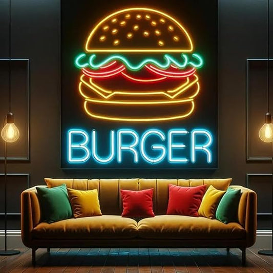 Letrero de hamburguesa de neón, luz LED de hamburguesa, decoración de pared para jugadores de monopatín, perfecto para tiendas de hamburguesas y habitaciones 45 x65 cm alimentacion 12v