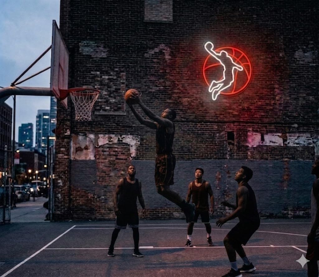 Letrero Neón de Jugador de Baloncesto con Balón, Luz neón LED, Blanco y Naranja, Decoración de Pared con base metacrilato transparente, cadena, cable de 1.5 m y alimentación 12 v medidas 60x65 cm