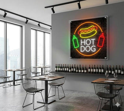 Letrero Neón de Hotdog, Luz neón LED, Decoración de Pared con base metacrilato transparente,cadena,cable de 1.5 m y alimentación de alto aprox 70 cm y alimentación 12 v
