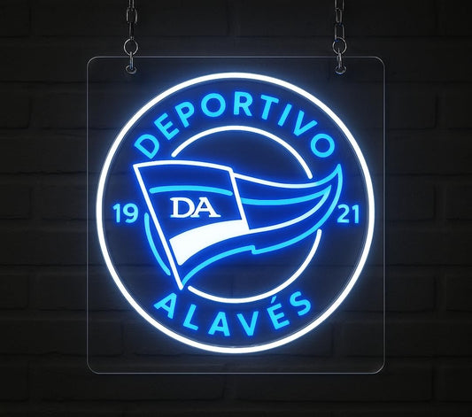 Escudo de futbol liga 1º division del Club ALAVES , Diseño con medidas metacrilato 40x35cm aproximadamente dependiendo el diseño del escudo con neon led,metacrilato y vinilo color.Alimentacion 12v,cable 2m y cadena para colgar en pared incluido.