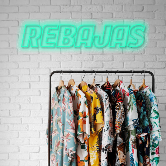 Letrero LED Neón 'REBAJAS', Cartel Luminoso Verde, 85 cm x 20 cm, Decoración para Tienda