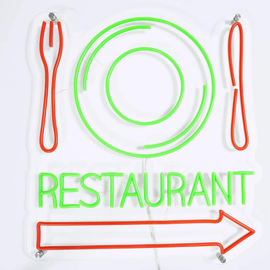 Letrero LED de Neón para Restaurante, Diseño con Plato y Cubiertos, Verde y Rojo, con Flecha Direccional