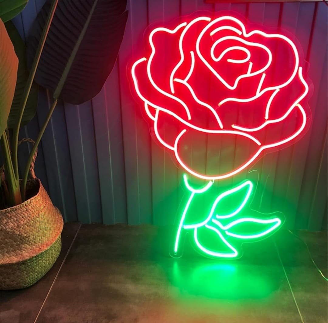 Lámpara LED de Neón Decorativa, Diseño de Rosa, Iluminación Roja y Verde para Pared