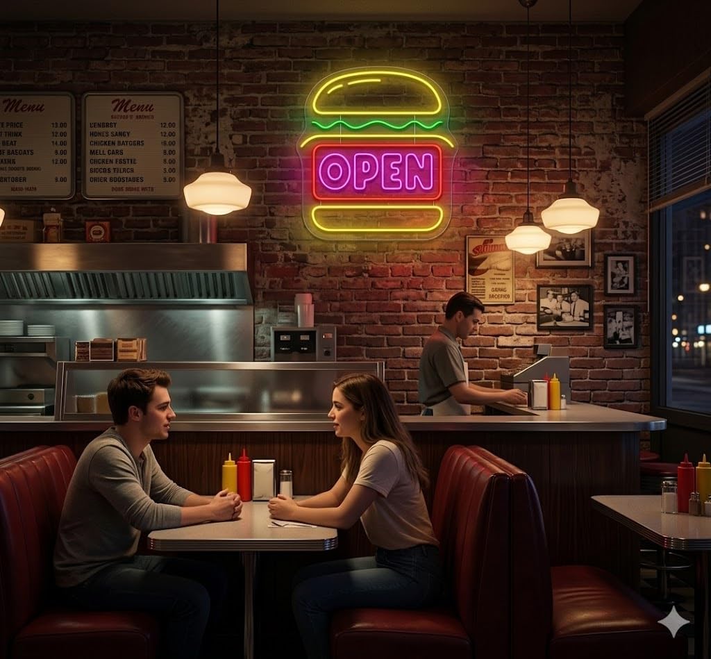 Letrero Neón de Hamburguesa OPEN, Luz neón LED, Multicolor, Decoración de Pared con base metacrilato transparente, cadena, cable de 1.5 m y alimentación 12 v medidas 45x45 cm