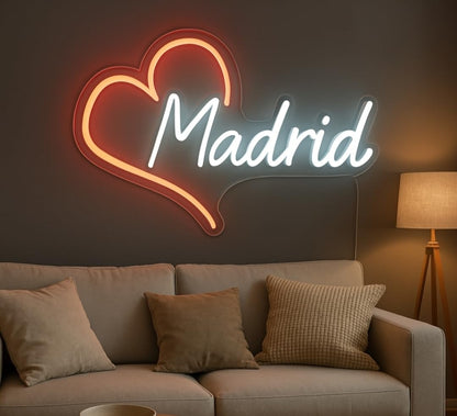 Elije tú Letrero personalizado de Neón LED con Corazón, Ciudades de España y Portugal, Decoración de Pared, Luz Roja y Blanca, metacrilato, alimentación 12 v medidas desde 35cm