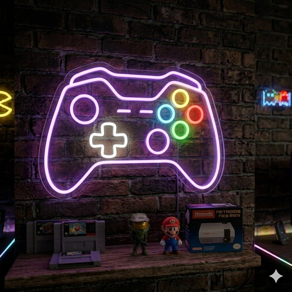 Letrero Neón de Mando de Videojuegos, Luz neón LED, Multicolor, Decoración de Pared con base metacrilato transparente,cadena,cable de 1.5 m y alimentación 12 v medidas 50x35 cm