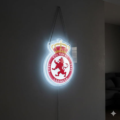 Cultural Leonesa regalo futbol, neón led vinilo con metacrilato Deportivo con Corona y León Rojo, escudo Iluminado medidas 40x30cm