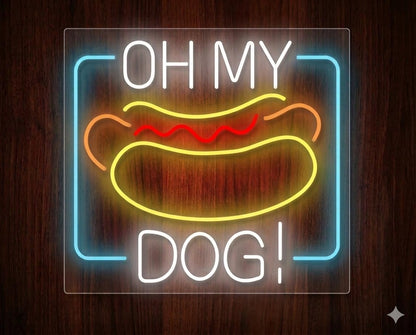 Letrero Neón hotdog Open, Luz neón LED, Multicolor, Decoración de Pared con base metacrilato transparente, cadena, cable de 1.5 m y alimentación 12 v medidas 55x55 cm