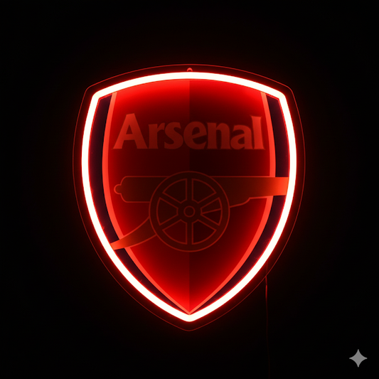 Escudo de futbol Club ARSENAL, Diseño con medidas metacrilato 40x35cm aproximadamente dependiendo el diseño del escudo con neon led,metacrilato y vinilo color.Alimentacion 12v,cable 2m y cadena para colgar en pared incluido.