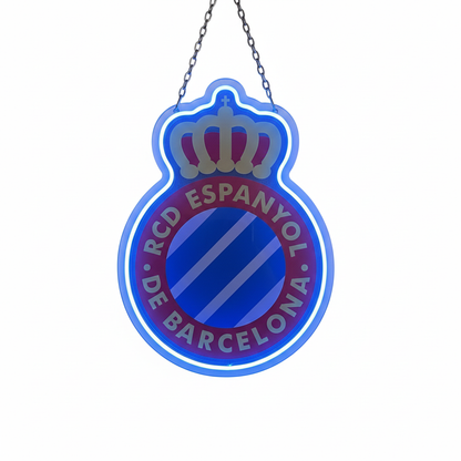 Escudo de futbol liga 1º division del Club ESPANYOL, Diseño con medidas metacrilato 40x35cm aproximadamente dependiendo el diseño del escudo con neon led,metacrilato y vinilo color.Alimentacion 12v,cable 2m y cadena para colgar en pared incluido.