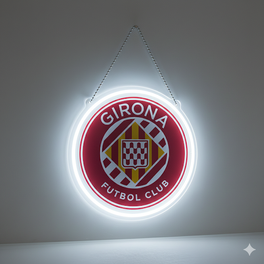 Escudo de futbol liga 1º division del Club GIRONA , Diseño con medidas metacrilato 40x35cm aproximadamente dependiendo el diseño del escudo con neon led,metacrilato y vinilo color.Alimentacion 12v,cable 2m y cadena para colgar en pared incluido.