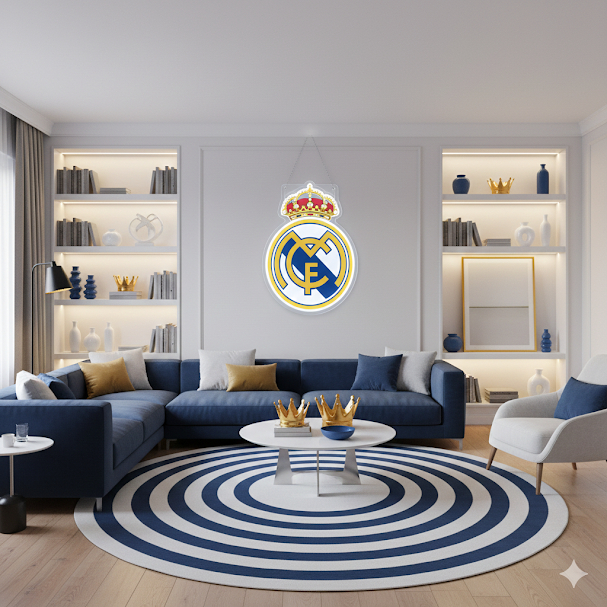 Escudo de futbol liga 1º division REAL MADRID, Diseño con medidas metacrilato 40x35cm aproximadamente dependiendo el diseño del escudo con neon led,metacrilato y vinilo color.Alimentacion 12v,cable 2m y cadena para colgar en pared incluido.