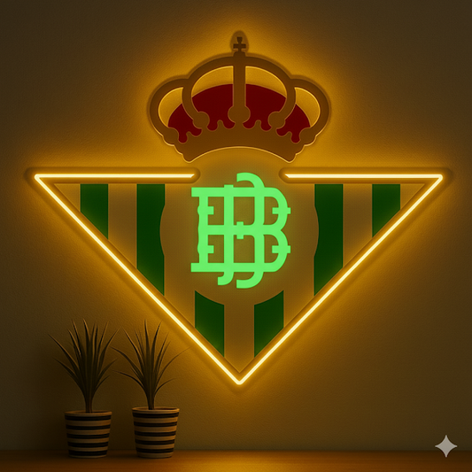 Escudo de futbol liga 1º division del Club BETIS, Diseño con medidas metacrilato 40x35cm aproximadamente dependiendo el diseño del escudo con neon led,metacrilato y vinilo color.Alimentacion 12v,cable 2m y cadena para colgar en pared incluido.