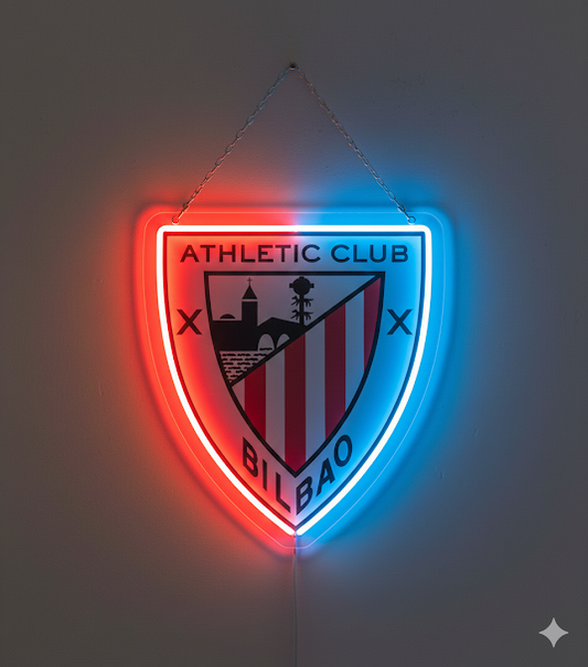 Escudo de futbol liga 1º division del Club BILBAO, Diseño con medidas metacrilato 40x35cm aproximadamente dependiendo el diseño del escudo con neon led,metacrilato y vinilo color.Alimentacion 12v,cable 2m y cadena para colgar en pared incluido.