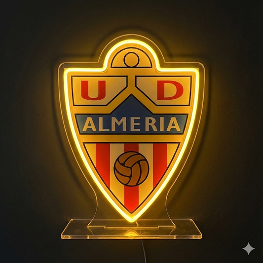 Escudo de futbol liga 2º division del Club ALMERIA, Diseño con medidas metacrilato 40x35cm aproximadamente dependiendo el diseño del escudo con neon led,metacrilato y vinilo color.Alimentacion 12v,cable 2m y cadena para colgar en pared incluido.