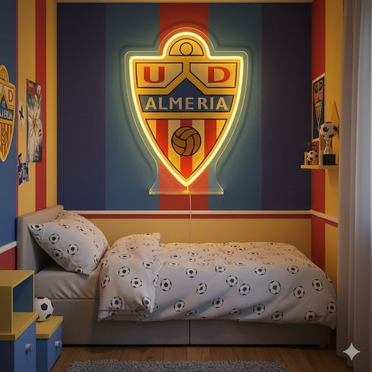 Escudo de futbol liga 2º division del Club ALMERIA, Diseño con medidas metacrilato 40x35cm aproximadamente dependiendo el diseño del escudo con neon led,metacrilato y vinilo color.Alimentacion 12v,cable 2m y cadena para colgar en pared incluido.