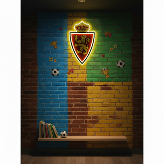 Escudo de futbol liga 2º division del Club ZARAGOZA, Diseño con medidas metacrilato 40x35cm aproximadamente dependiendo el diseño del escudo con neon led,metacrilato y vinilo color.Alimentacion 12v,cable 2m y cadena para colgar en pared incluido.