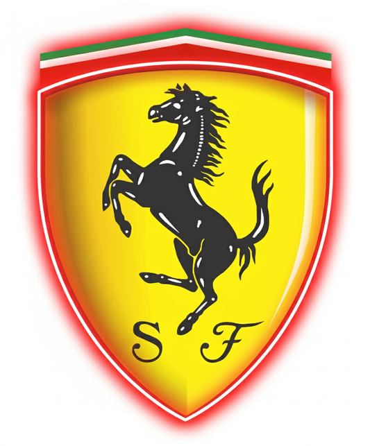 Escuderia Ferrari Diseño con medidas metacrilato 40x35cm aproximadamente dependiendo el diseño del escudo con neon led,metacrilato y vinilo color.Alimentacion 12v,cable 2m y cadena para colgar en pared incluido.