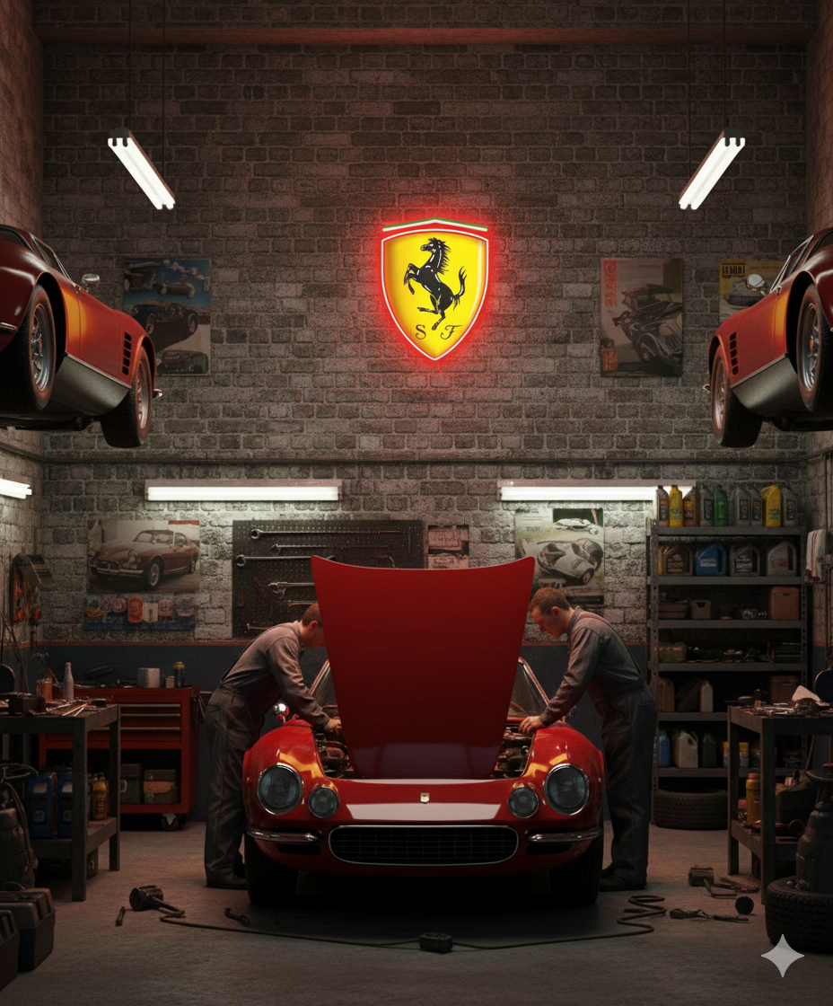 Escuderia Ferrari Diseño con medidas metacrilato 40x35cm aproximadamente dependiendo el diseño del escudo con neon led,metacrilato y vinilo color.Alimentacion 12v,cable 2m y cadena para colgar en pared incluido.