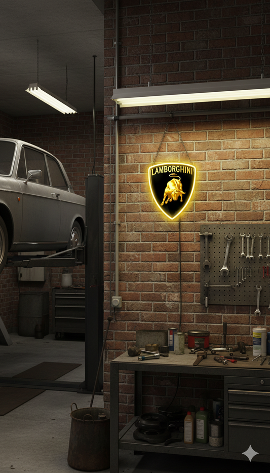 Escuderia Lamborghini medidas metacrilato 40x35cm aproximadamente dependiendo el diseño del escudo con neon led,metacrilato y vinilo color.Alimentacion 12v,cable 2m.