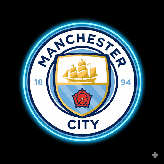 Escudo de futbol Manchester City;Club, Diseño con medidas metacrilato 40x35cm aproximadamente dependiendo el diseño del escudo con neon led,metacrilato y vinilo color.Alimentacion 12v,cable 2m y cadena para colgar en pared incluido.