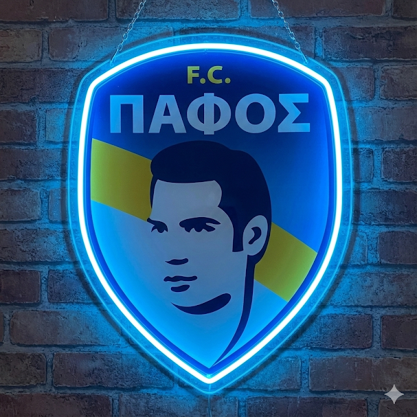 Escudo de futbol PAFOS, Diseño con medidas metacrilato 40x35cm aproximadamente dependiendo el diseño del escudo con neon led,metacrilato y vinilo color.Alimentacion 12v,cable 2m y cadena para colgar en pared incluido.