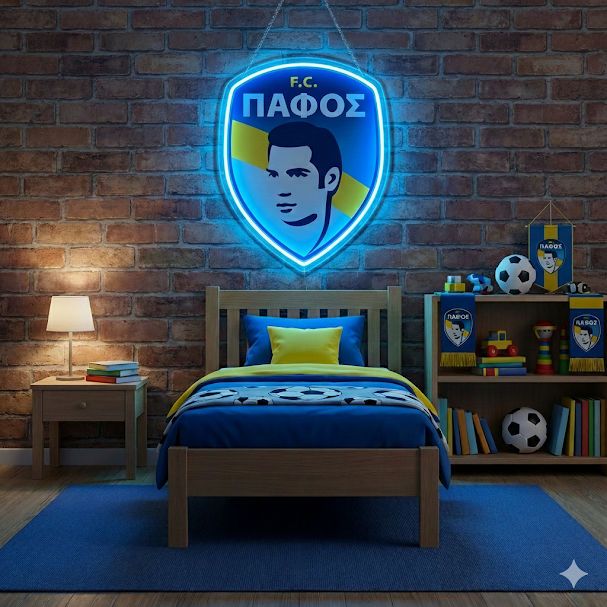 Escudo de futbol PAFOS, Diseño con medidas metacrilato 40x35cm aproximadamente dependiendo el diseño del escudo con neon led,metacrilato y vinilo color.Alimentacion 12v,cable 2m y cadena para colgar en pared incluido.