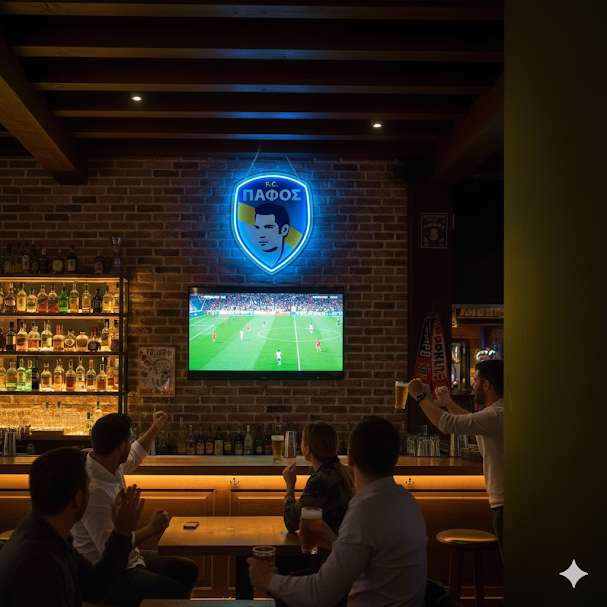 Escudo de futbol PAFOS, Diseño con medidas metacrilato 40x35cm aproximadamente dependiendo el diseño del escudo con neon led,metacrilato y vinilo color.Alimentacion 12v,cable 2m y cadena para colgar en pared incluido.