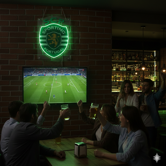 Escudo de futbol Club SPORTING DE LISBOA, Diseño con medidas metacrilato 40x35cm aproximadamente dependiendo el diseño del escudo con neon led,metacrilato y vinilo color.Alimentacion 12v,cable 2m y cadena para colgar en pared incluido.