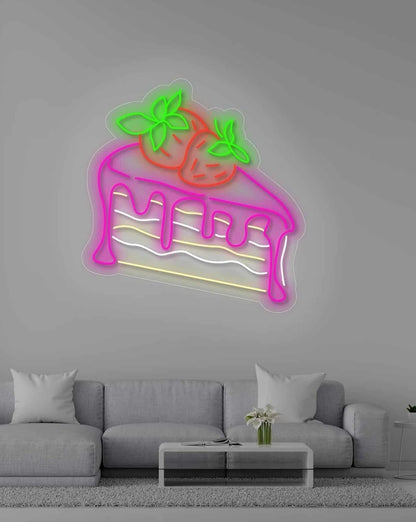 Letrero LED Neón Decorativo de Pastel con Fresas, 55 x 53 cm, Iluminación de Pared para Pastelería, Rosa y Verde