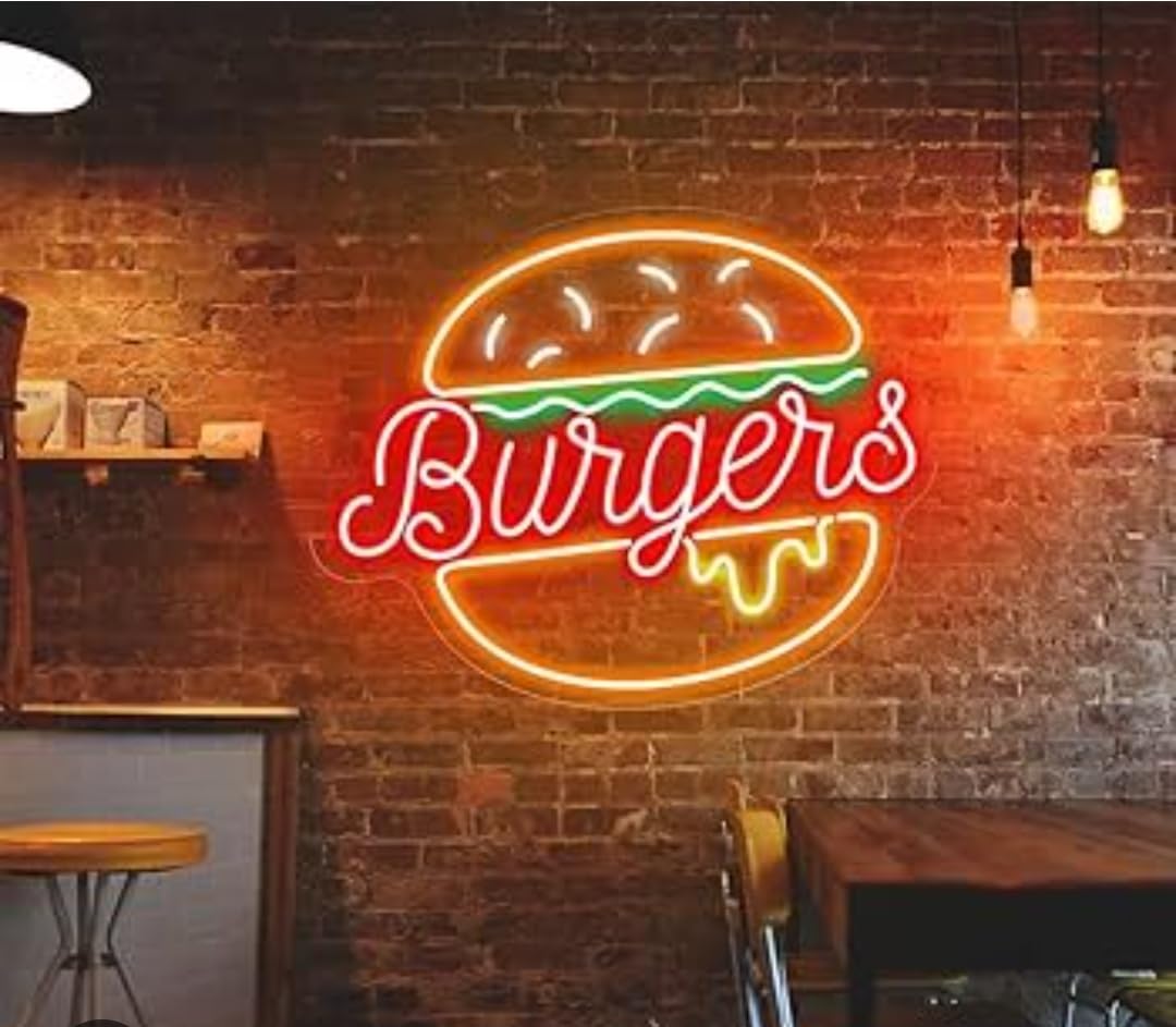 Luces Art Decoration Letreros Neón Hamburguesa Con Brillo Ajustable Y Alimentación12v Luces Neón Letras Hamburguesa Adecuados Para Decoración Tiendas bares 40cmx50cm