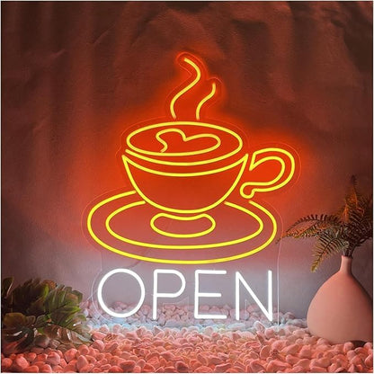 Luces de neón Letrero De Neón LED Con Forma De Taza De Café Abierta Para Decoración De Pared De Negocios, Letreros De Neón De Café Con Luces LED Para Cafetería 36cmx45cm alimentacion 12v