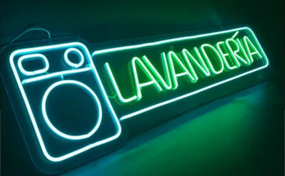 Letrero LED de Neón para Lavandería, Luz Verde y Azul, Señalización Luminosa para Pared