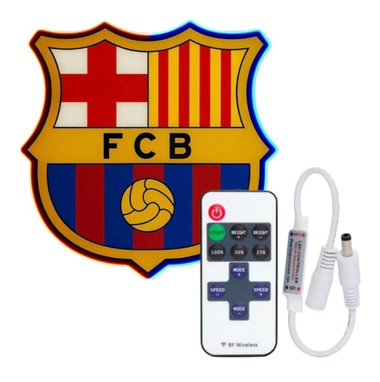 escudo REGALO Barcelona fútbol con Pantalla metacrilato y vinilo con neón LED de Bar Deportivo, de la liga de futbol, Ambiente de Pub MEDIDAS 35X30CM mando a distacia incluido