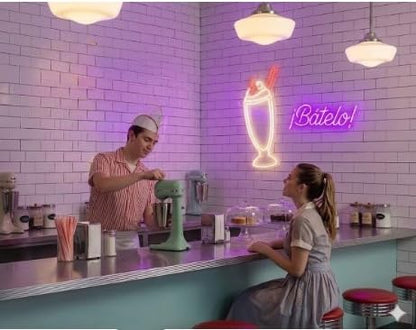 Letrero Neón de Batido ¡Bátelo!, Luz neón LED, Blanco, Rojo y Morado, Decoración de Pared con base metacrilato transparente, cadena, cable de 1.5 m y alimentación 12 v medidas 60x45 cm