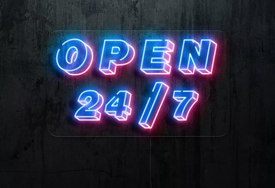 Letrero de Neón LED 'OPEN 24/7', Iluminación Azul y Rosa, Estilo Moderno