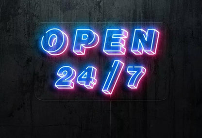 Letrero de Neón LED 'OPEN 24/7', Iluminación Azul y Rosa, Estilo Moderno