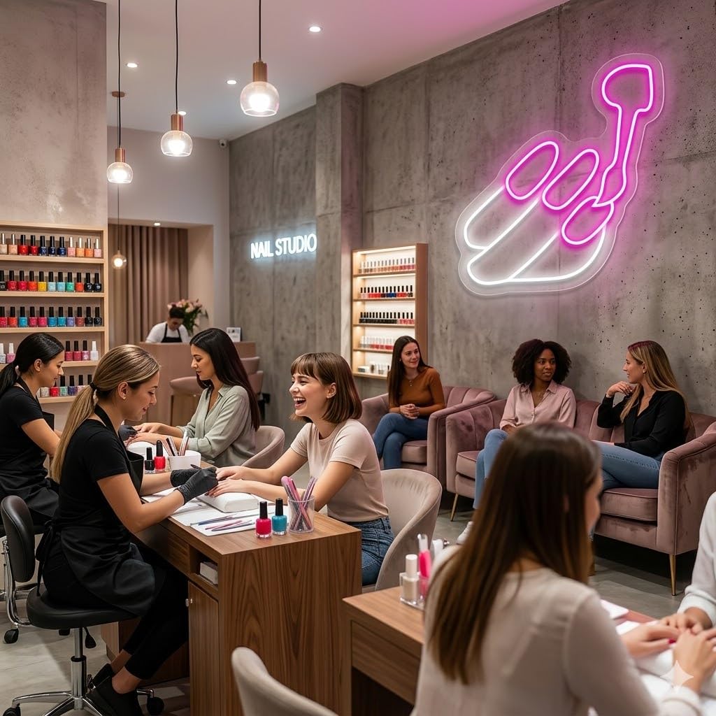 Letrero Neón de Manicura y Uñas, Luz neón LED, Blanco y Rosa, Decoración de Pared con base metacrilato transparente, cadena, cable de 1.5 m y alimentación 12 v medidas