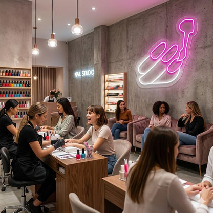 Letrero Neón de Manicura y Uñas, Luz neón LED, Blanco y Rosa, Decoración de Pared con base metacrilato transparente, cadena, cable de 1.5 m y alimentación 12 v medidas