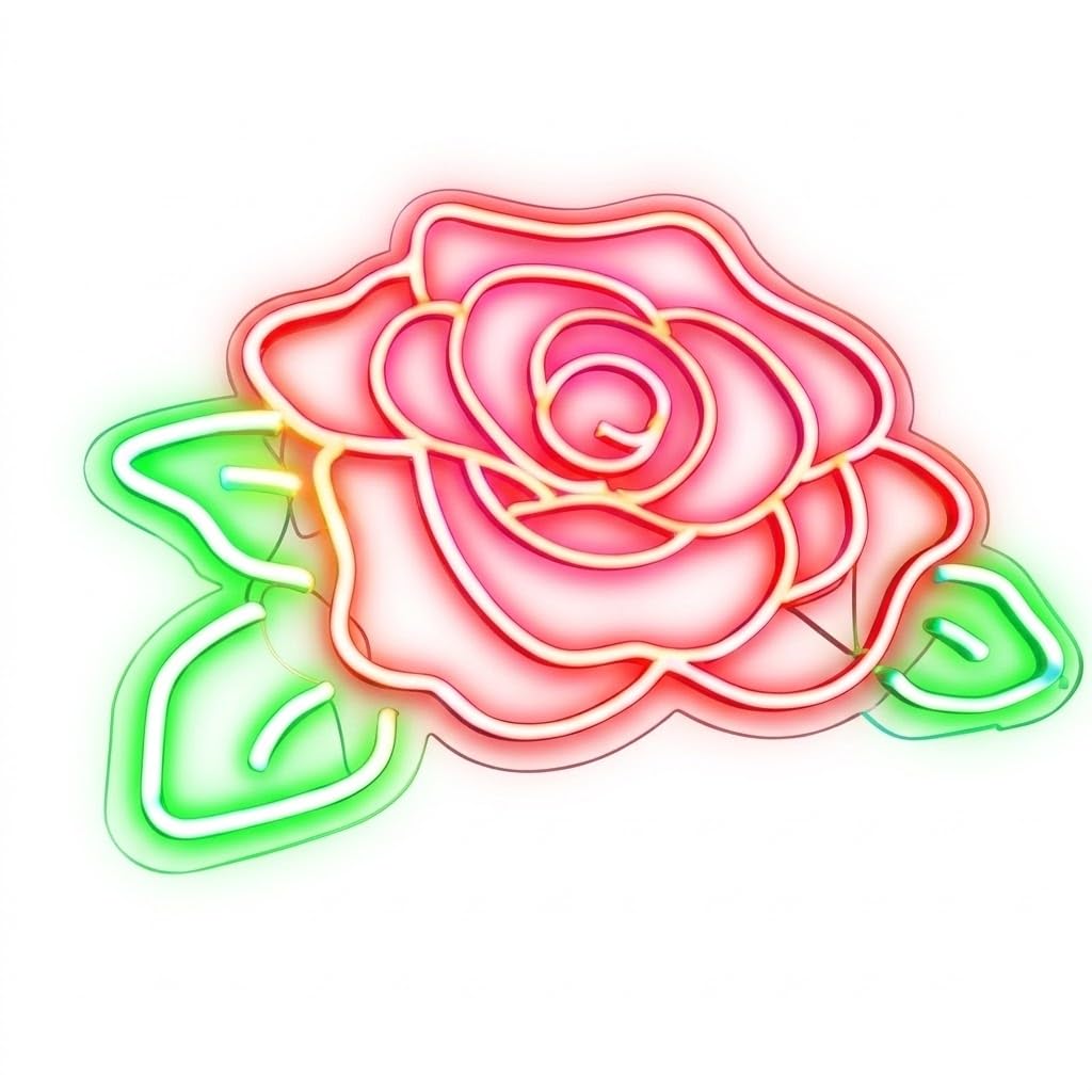 Letrero Neón de Rosa, Luz Neón LED, Bicolor (Rojo y Verde), Decoración de Pared con Base Metacrilato Transparente, Cadena, Cable de 1.5 m y Alimentación 12 v, Medidas Aproximadamente 45x35 cm