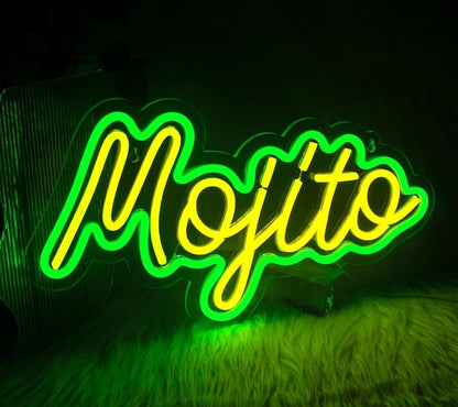 Letrero LED Decorativo Neón, Diseño Mojito Moderno en Verde y Amarillo, Luz de Pared para Decoración, Material Acrílico, Medidas 40x30cm