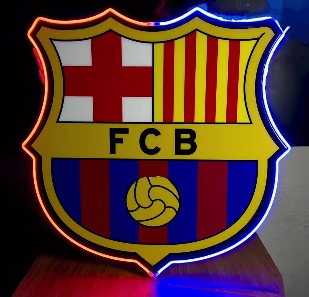 1 escudo Barcelona club de fútbol con Pantalla metacrilato y vinilo con neón LED de Bar Deportivo, de la liga de futbol, Ambiente de Pub