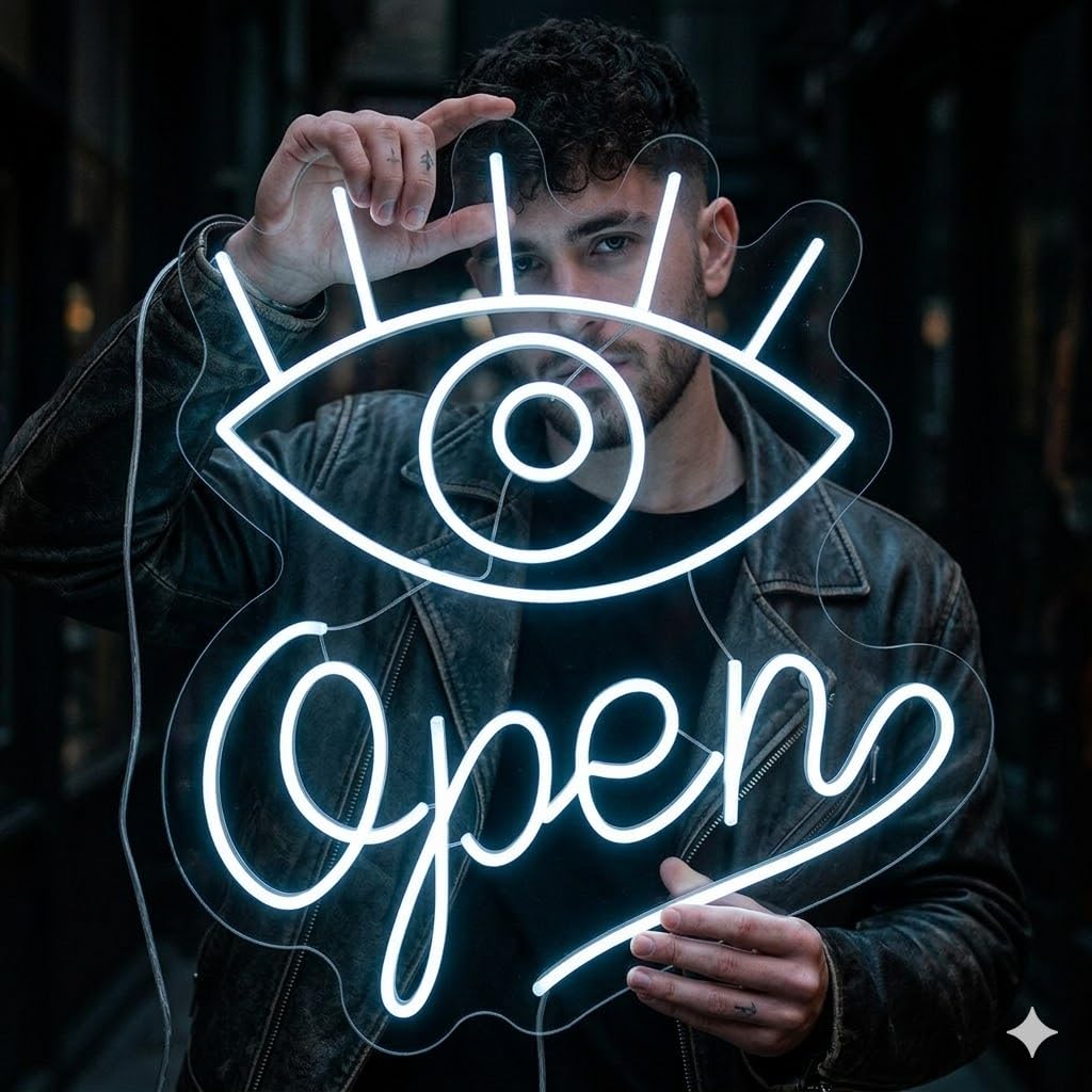 Letrero Neón de Ojo OPEN, Luz neón LED, Blanco, Decoración de Pared con base metacrilato transparente, cadena, cable de 1.5 m y alimentación 12 v medidas 50x65 cm